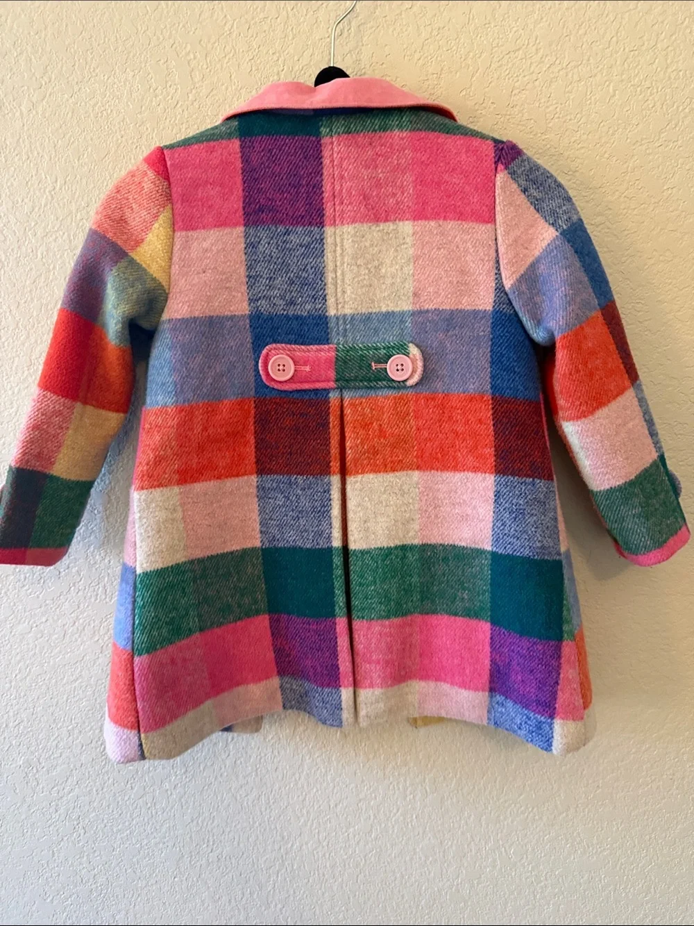 Mini Boden Multicolor Plaid Wool Blend Coat with Pink Collar